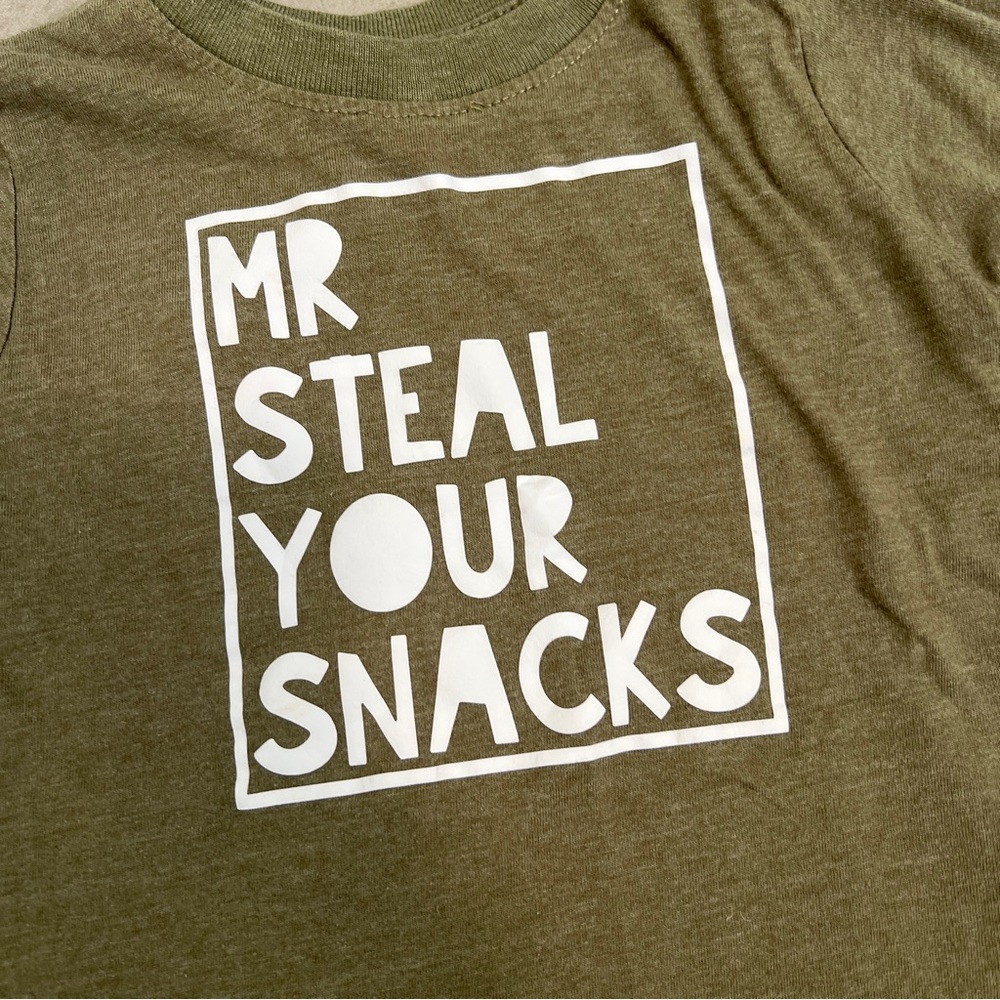 “Mr. Steal Your Snacks” Toddler T-Shirt. 2T Boys Olive green Rabbit Skins Tee - Picture 2 of 4